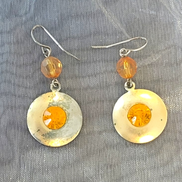 Vintage gold metal with orange tourmaline gem bling stone & bead earrings. - Picture 1 of 2